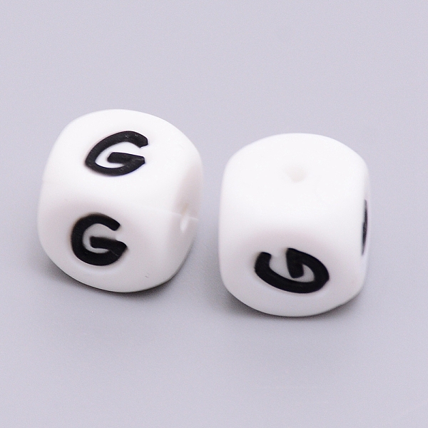 

PandaHall Silicone Beads, Cube with Letter.G, White, 12x12x12mm, Hole: 2mm Silicone Cube White