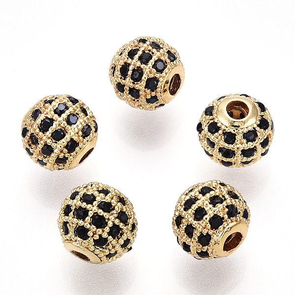 

PandaHall Rack Plating Brass Cubic Zirconia Beads, Long-Lasting Plated, Round, Golden, 8x7mm, Hole: 2mm Brass+Cubic Zirconia Round Black