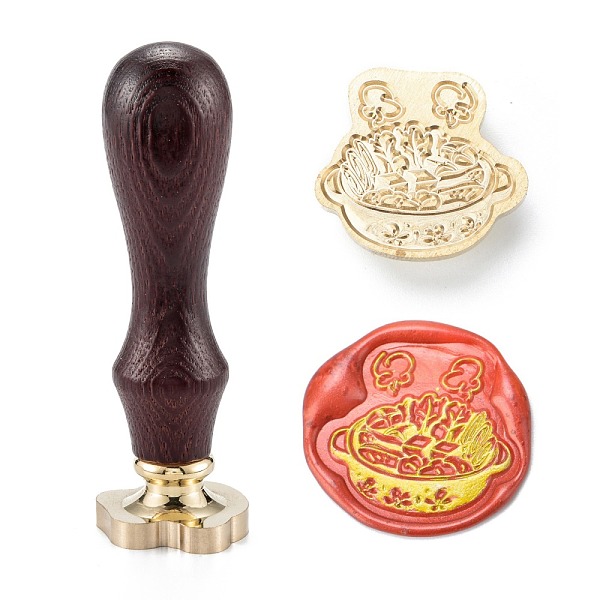 

PandaHall DIY Scrapbook, Brass Wax Seal Stamp and Wood Handle Sets, Food Pattern, 8.7cm, Stamps: 26x28.5x14mm, Handle: 78x22mm Wood Food