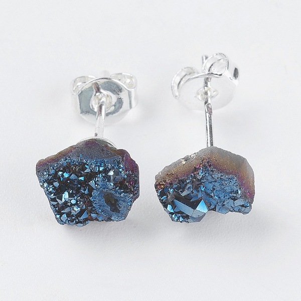 

PandaHall Brass Ear Stud Components, with Natural Druzy Agate, Nuggets, Silver Color Plated, Blue Plated, 6~9x5~8.5x3~7mm, Pin: 0.7mm...