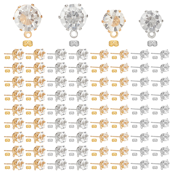 

PandaHall OLYCRAFT 120Pcs 4 Style Earring Studs with Loop Stud Earring Findings with Clear Cubic Zirconia Round Blank Stud Earring Gold and...