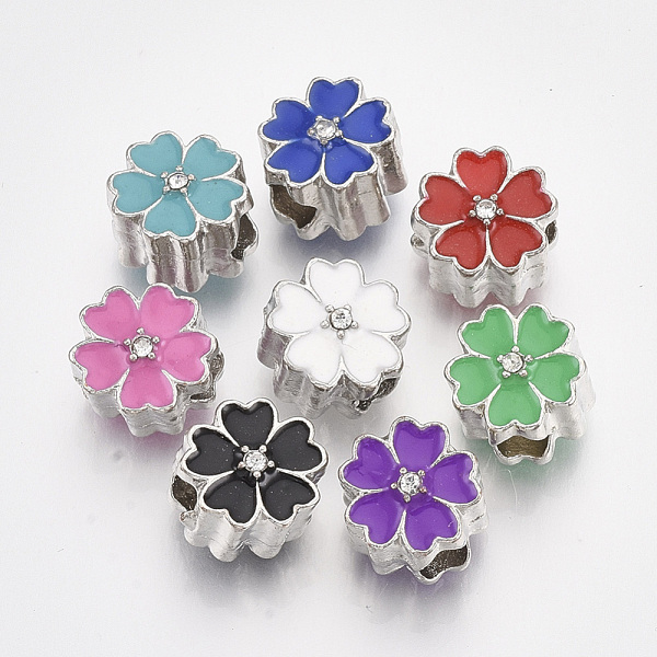 

PandaHall Platinum Plated Alloy European Beads, with Enamel, Large Hole Beads, Flower, Mixed Color, 11x8.5mm, Hole: 4.5mm Alloy+Enamel..., Multicolor