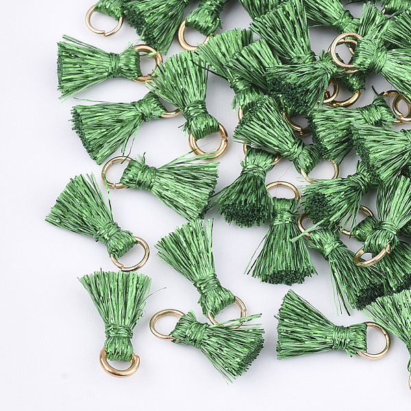 

PandaHall Polyeter Tassel Pendants, with Metallic Cord and Iron Jump Rings, Golden, Green, 10~15x5~8mm, Hole: 3.5mm Polyester Green