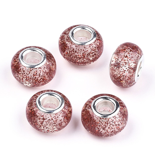

PandaHall Epoxy Resin European Beads, Large Hole Beads, with Glitter Powder and Platinum Tone Brass Double Cores, Rondelle, Indian Red...