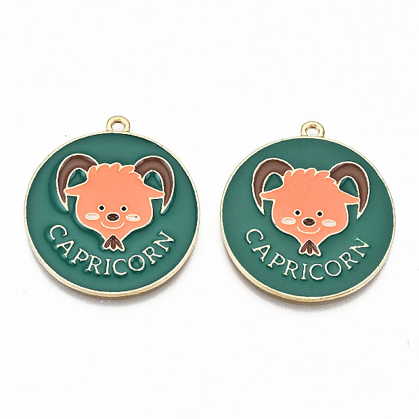 

PandaHall Alloy Enamel Pendants, Cadmium Free & Lead Free, Flat Round with Constellation & Word, Light Gold, Dark Green, Capricorn...