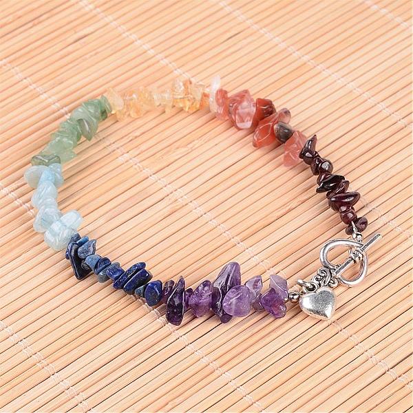 

PandaHall Gemstone Chip Beaded Anklets, with Alloy Toggle Clasps and Tibetan Style Alloy Heart Pendants, 250mm Mixed Stone