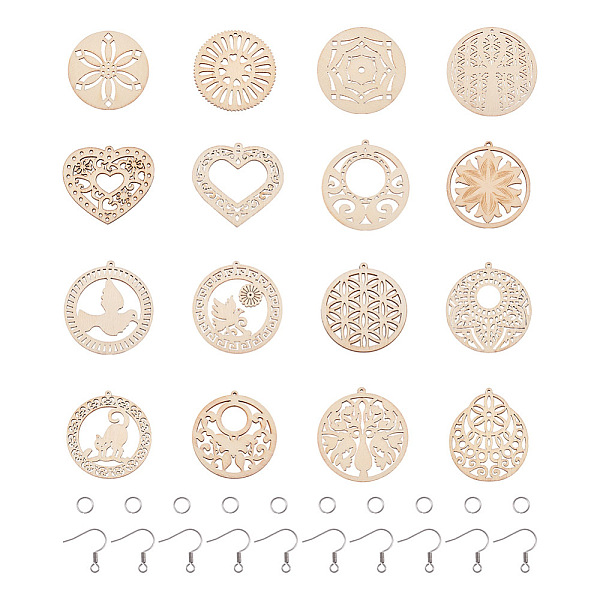 

PandaHall Cheriswelry DIY Wooden Dangle Earring Making Kits, 32Pcs Heart & Flat Round with Pigeon & Butterfly & Bird Wooden Pendants, 120Pcs..., Multicolor
