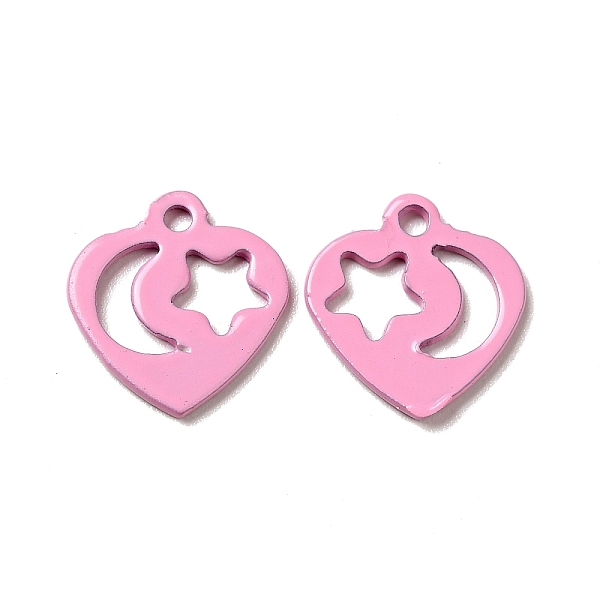 PandaHall Spray Painted 201 Stainless Steel Charms, Heart with Star & Moon Pattern, Pearl Pink, 12x11.5x1mm, Hole: 1.4mm 201 Stainless Steel...