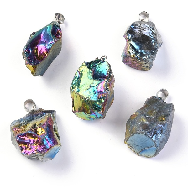 

PandaHall 3Pcs Rough Raw Electroplate Natural Crystal Quartz Pendants, with Platinum Tone Alloy Snap on Bails, Nuggets, Colorful...