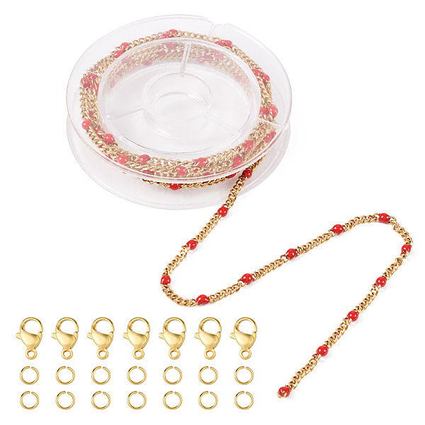 

PandaHall DIY Chain Bracelet Necklace Making Kit, Iincluding Golden 304 Stainless Steel Enamel Curb Chains & Jump Rings & Clasps, FireBrick..., Red