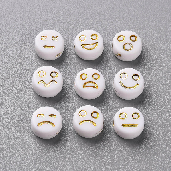 

PandaHall Opaque White Acrylic Beads, Metal Enlaced, Flat Round with Expression, Golden Plated, 7x4mm, Hole: 1.6mm, about 3650pcs/500g...