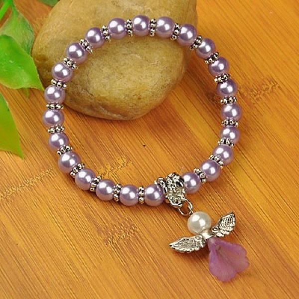 PandaHall Lovely Wedding Dress Angel Bracelets for Kids, Carnival Stretch Bracelets, with Glass Pearl Beads and Tibetan Style Beads, Lilac...