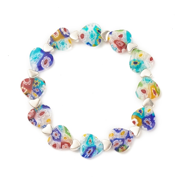 Handmade Millefiori Lampwork & Alloy Heart Beaded Stretch Bracelet