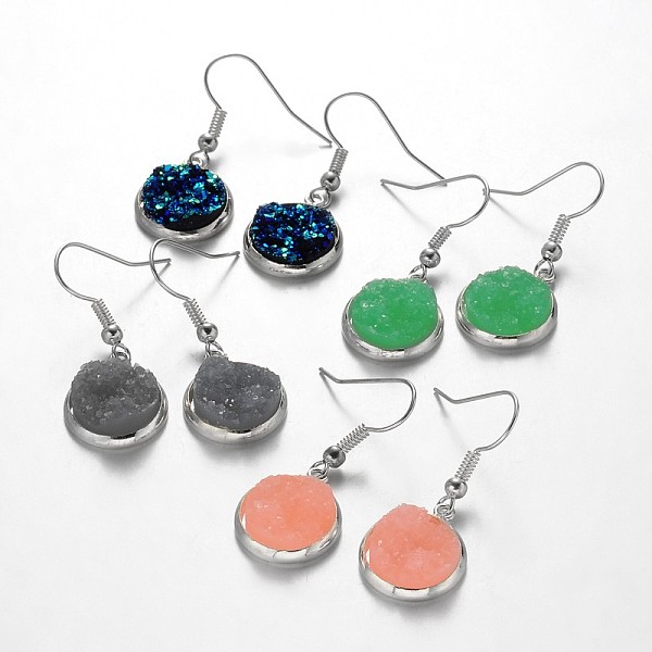 

PandaHall Silver Color Plated Flat Round Brass Druzy Resin Dangle Earrings, Mixed Color, 34mm, Pin: 0.7mm Resin Multicolor