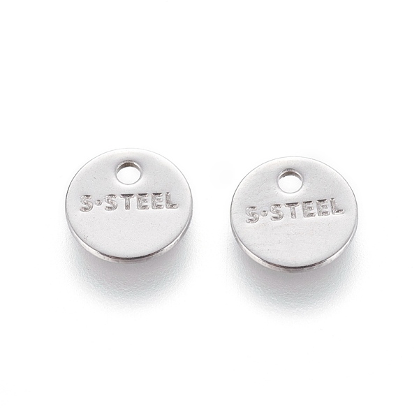 

PandaHall 201 Stainless Steel Charms, Flat Round with Word Steel, Stainless Steel Color, 8x0.7mm, Hole: 1.4mm 201 Stainless Steel Flat Round