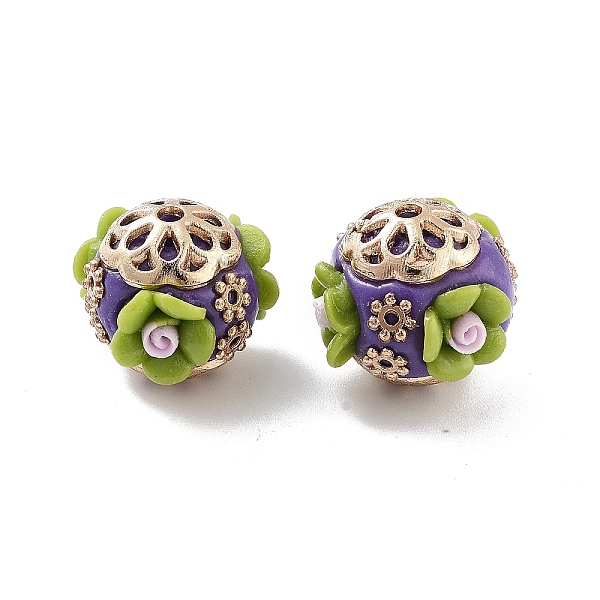 

PandaHall Handmade Indonesia Beads, with Alloy and Resin, Round with Flower, Golden, Slate Blue, 17x15.5mm, Hole: 1.8mm Polymer Clay Round