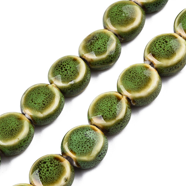 

PandaHall Handmade Porcelain Ceramic Beads Strands, Famille Rose Style, Flat Round, Olive Drab, 12x7mm, Hole: 2mm, about 28~29pcs/strand...