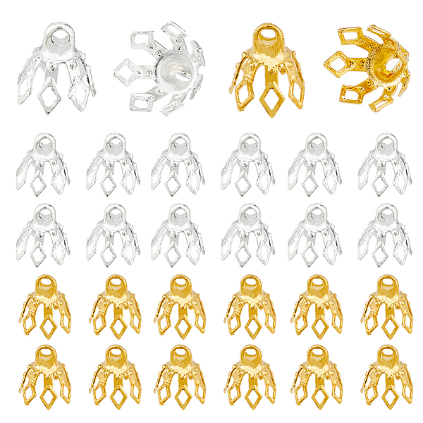 

PandaHall HOBBIESAY 240Pcs 2 Colors Brass Bead Cap Bails, 7-Petal Flower, Golden & Silver, 8x8mm, Hole: 1.2mm, 120pcs/color Brass