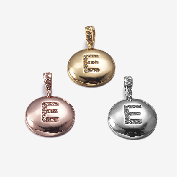 

PandaHall Brass Pendants, with Cubic Zirconia, Cadmium Free & Lead Free, Flat Round with Letter, Mixed Color, Letter.E, 22mm, Hole: 2x3mm...
