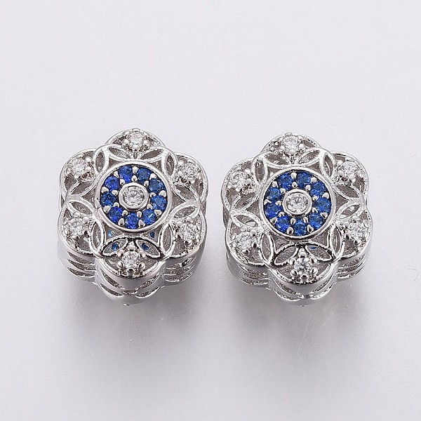 

PandaHall Brass Micro Pave Cubic Zirconia European Beads, Large Hole Beads, Flower, Clear & Blue, Platinum, 11x10x8.5mm, Hole: 4mm...