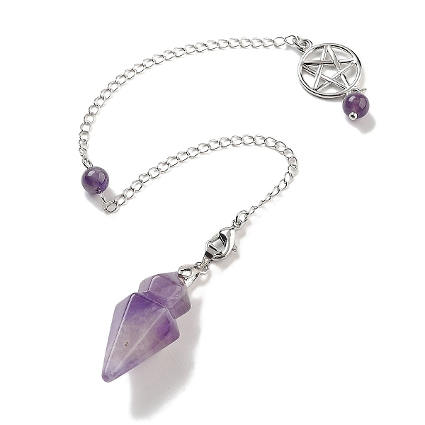 

PandaHall Natural Amethyst Pointed Dowsing Pendulums, with Rack Plating Brass Findings, Cone, 235mm Amethyst Cone