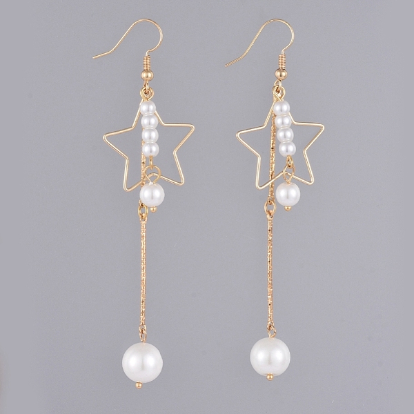 

PandaHall Dangle Earrings, with Glass Pearl Round Beads, Iron Bar Links, Brass Star Pendants and Earring Hooks, with Cardboard Packing Box...