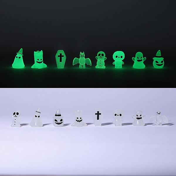 

PandaHall Luminous Halloween Theme Resin Decorations, Ghost Pumpkin Bat Skull Ornament, 30~35x19~33mm, 8pcs/set Resin Mixed Shapes
