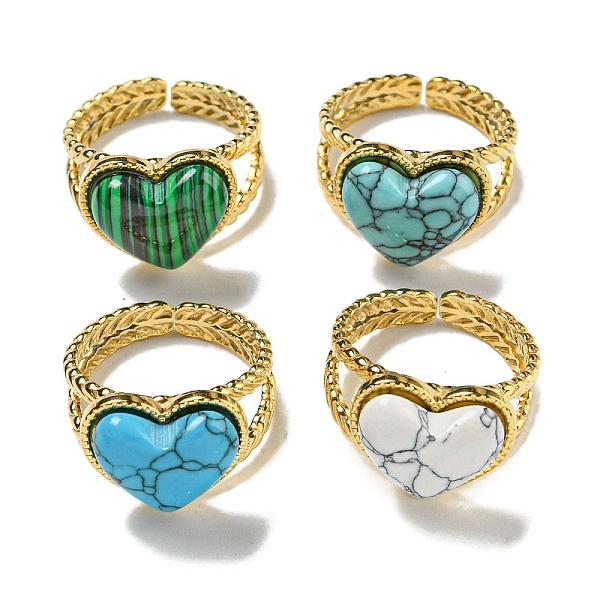 

PandaHall 304 Stainless Steel Open Cuff Rings, Synthetic Malachite & Turquoise Heart Finger Rings for Women Men, Real 18K Gold Plated..., Multicolor