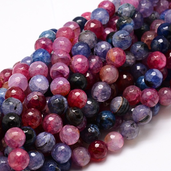 

PandaHall Dyed Natural Agate Faceted Round Beads Strands, Colorful, 8mm, Hole: 1mm, about 48pcs/strand, 15.3 inch Crackle Agate Round