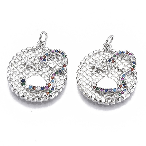 

PandaHall Brass Micro Pave Cubic Zirconia Pendants, with Jump Rings, Flat Round with Snake, Nickel Free, Colorful, Real Platinum Plated...