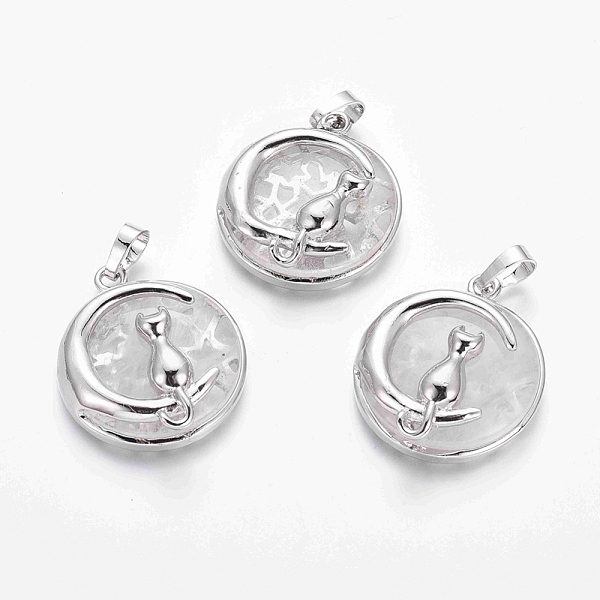 

PandaHall Natural Quartz Crystal Kitten Pendants, with Platinum Tone Brass Findings, Flat Round with Cat & Crescent Moon Shape, 32x28x9mm...