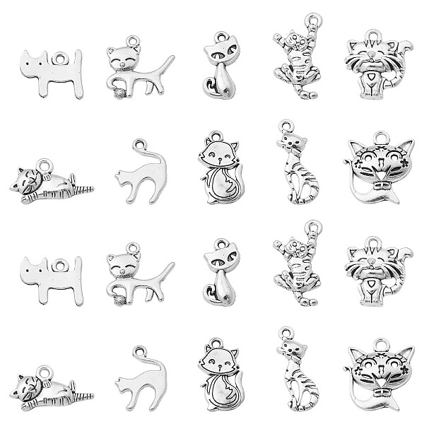 

PandaHall 100Pcs 10 Styles Tibetan Style Alloy Charms, Cat Charm, Antique Silver, 11~25.5x10.5~22x1~4mm, Hole: 1.8mm, 10pcs/style Alloy Cat...