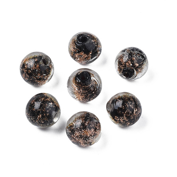 

PandaHall Handmade Gold Sand Lampwork Beads, Round, Black, 9~10x9~10mm, Hole: 1.5mm Lampwork Round Black
