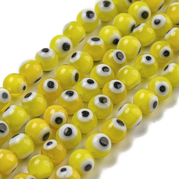 

PandaHall Handmade Lampwork Beads Strands, Round with Evil Eye, Yellow, 6mm, Hole: 0.7mm, about 71pcs/strand, 16.14''(41cm) Lampwork Round...