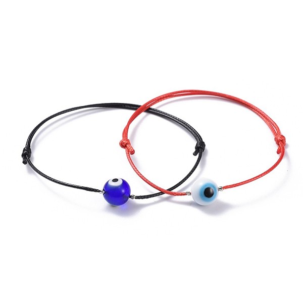 

PandaHall Adjustable Korean Waxed Polyester Cord Bracelet Sets, with Handmade Lampwork Evil Eye Round Beads and Brass Crimp Beads, Mixed..., Multicolor