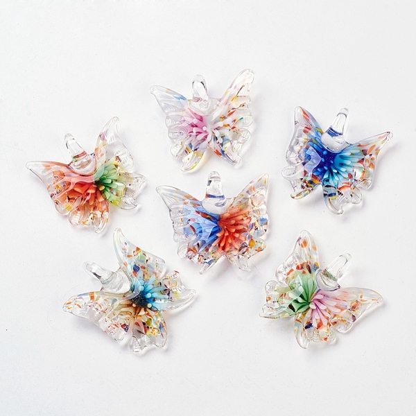 

PandaHall Handmade Lampwork Glass Butterfly Pendants, Mixed Color, 38~45x44~50x8~12mm, Hole: 5~11mm, 12pcs/box Lampwork Butterfly Multicolor