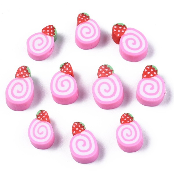 PandaHall Handmade Polymer Clay Beads, Cake with Strawberry, Pearl Pink, 10~13x7~10x4mm, Hole: 1.6mm Polymer Clay Others