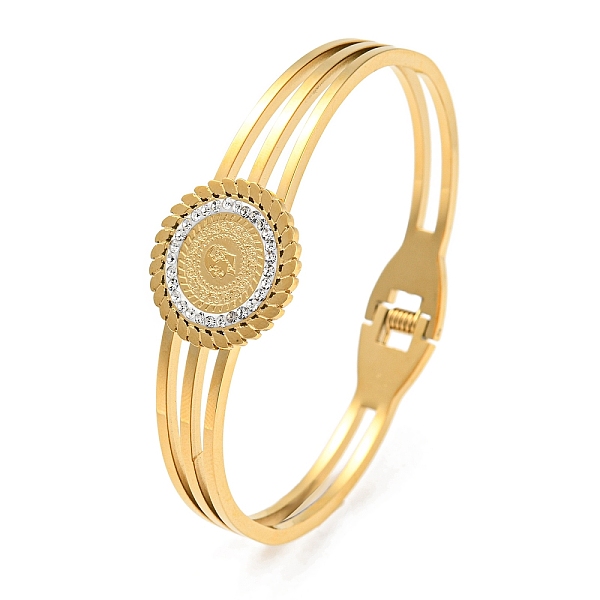 

PandaHall Flat Round with Old Man Pattern Rhinestone Bangle, Ion Plating(IP) 304 Stainless Steel Hinged Bangle for Women, Real 18K Gold..., Clear