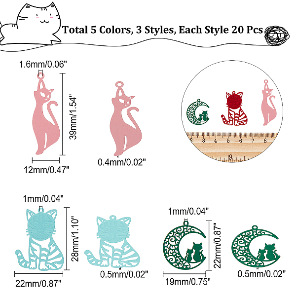 

PandaHall CHGCRAFT 60Pcs 15 Style Stainless Steel Cat Filigree Charms Colorful Hollow Pendant with Loop Multicolor Etched Metal...