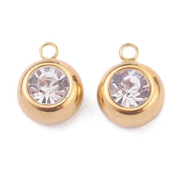 

PandaHall 201 Stainless Steel Rhinestone Charms, Birthstone Charms, Flat Round, Golden, Crystal, 13x10x6mm, Hole: 1.8mm Stainless..., Clear