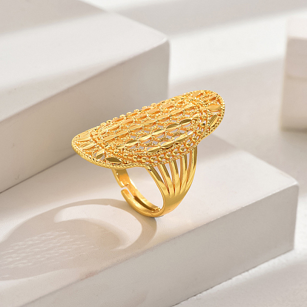 

PandaHall European Style Wheat Lucky Adjustable Cuff Ring, Brass Hollow Oval Wedding Jewelry for Women, Real 18K Gold Plated Brass