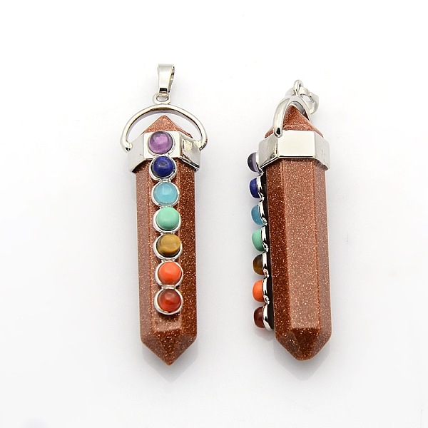 

PandaHall Yoga Chakra Jewelry Platinum Plated Brass Gemstone Double Terminated Pointed Big Pendants, Synthetic Goldstone, 58x17x16mm, Hole...