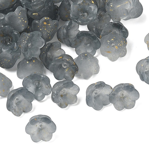 Frosted Glass Bead Cap, 6-Petal Flower, with Gold Powder, Gray, 11x12x8mm, Hole: 1.4mm, about 1333pcs/1000g