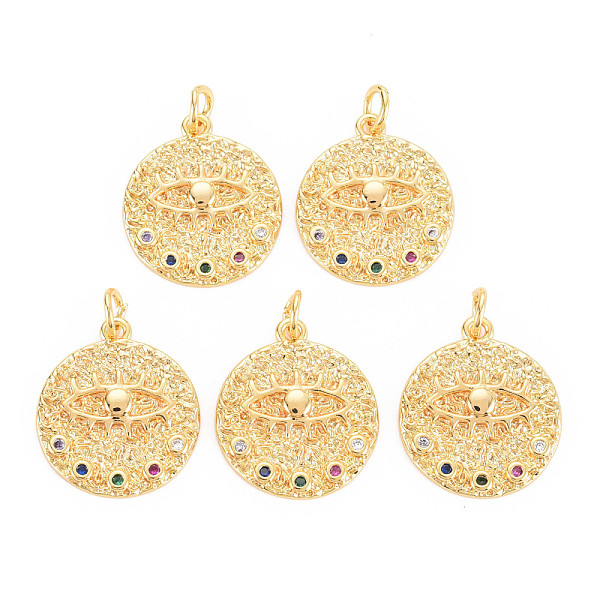 

PandaHall Rack Plating Brass Micro Pave Colorful Cubic Zirconia Pendants, with Jump Rings, Nickel Free, Flat Round with Evil Eyes, Real 18K...