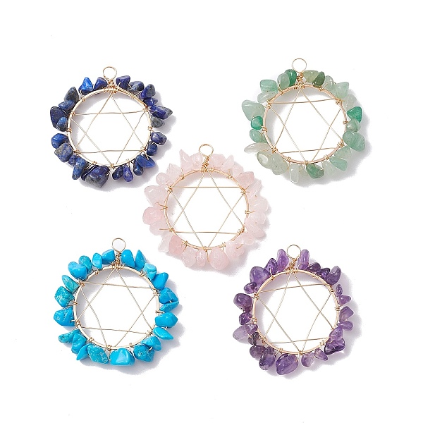 

PandaHall Mixed Gemstone Chips Copper Wire Wrapped Pendants, Pentagram Charms, Mixed Dyed and Undyed, Golden, 45x38~43x5~8mm, Hole: 5mm...