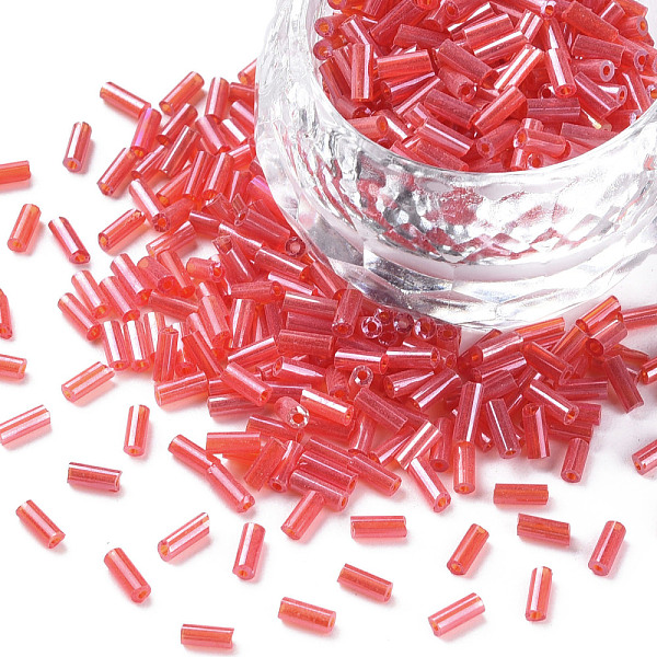 

PandaHall Transparent Colours Luster Glass Bugle Beads, Round Hole, Crimson, 3~8x2mm, Hole: 0.7mm, about 450g/pound Glass Pink