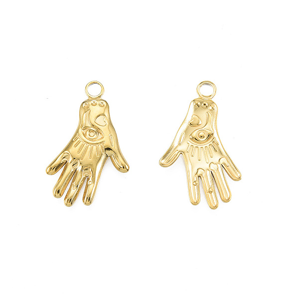 

PandaHall Ion Plating(IP) 201 Stainless Steel Pendants, Hand with Eye, Real 18K Gold Plated, 23.5x15x2mm, Hole: 2mm 201 Stainless Steel Palm