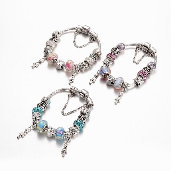 

PandaHall Alloy Rhinestone Bead European Bracelets, with Glass Beads and Brass Chain, Mixed Color, 190mm Rhinestone Multicolor
