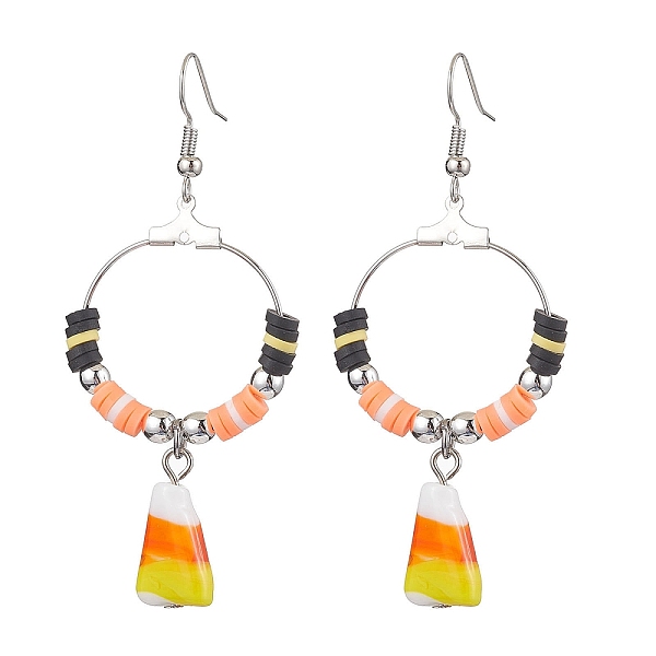 

PandaHall Halloween Candy Corn Handmade Lampwork & Polymer Clay Dangle Earrings for Women, with Brass Earring Hooks, Colorful, 67x29.5mm..., Orange