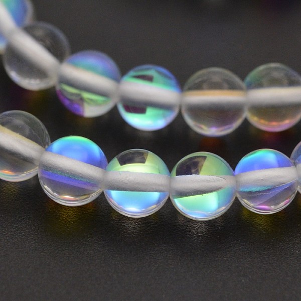 

PandaHall Round Synthetic Moonstone Beads Strands, Holographic Beads, Dyed, Clear, 6mm, Hole: 1mm, about 60~62pcs/strand, 14~15 inch...